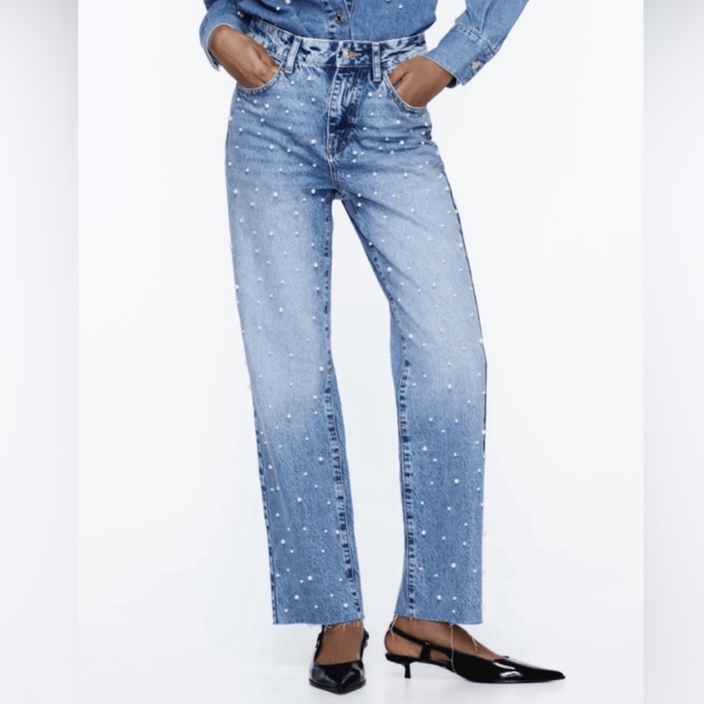Zara NWT Women's Pearl Embellished Straight Leg Jeans